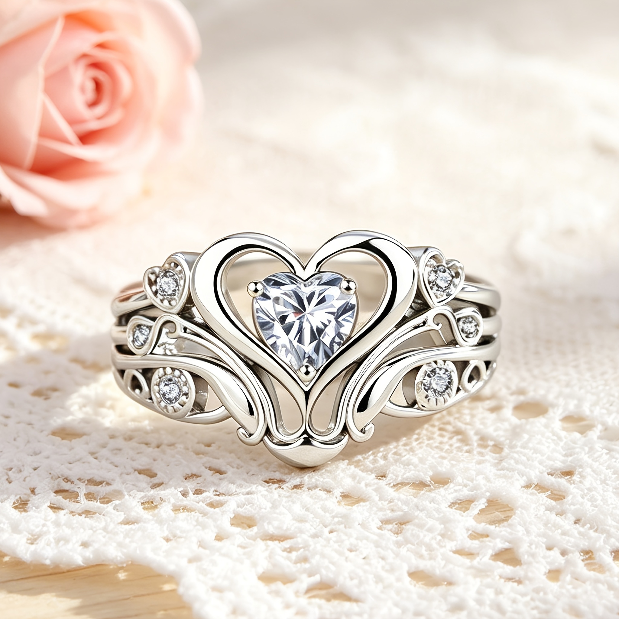 Women's Unique Hollowed-Out Heart Design Ring, Synthetic Zirconia